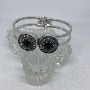 SILVER tone bejeweled dressy trendy interchangeable medallion clamper bracelet.